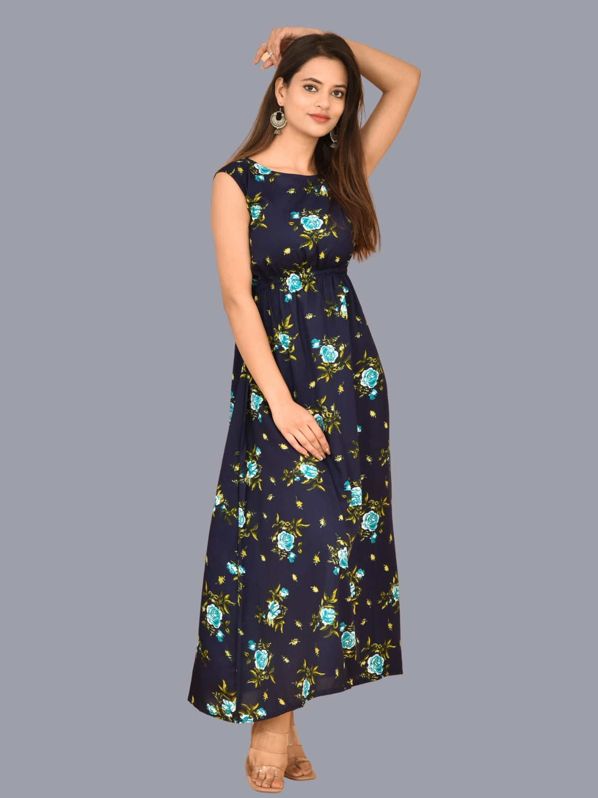 Womens Sky Blue Floral Printed Crepe Fabric Maxi Dress