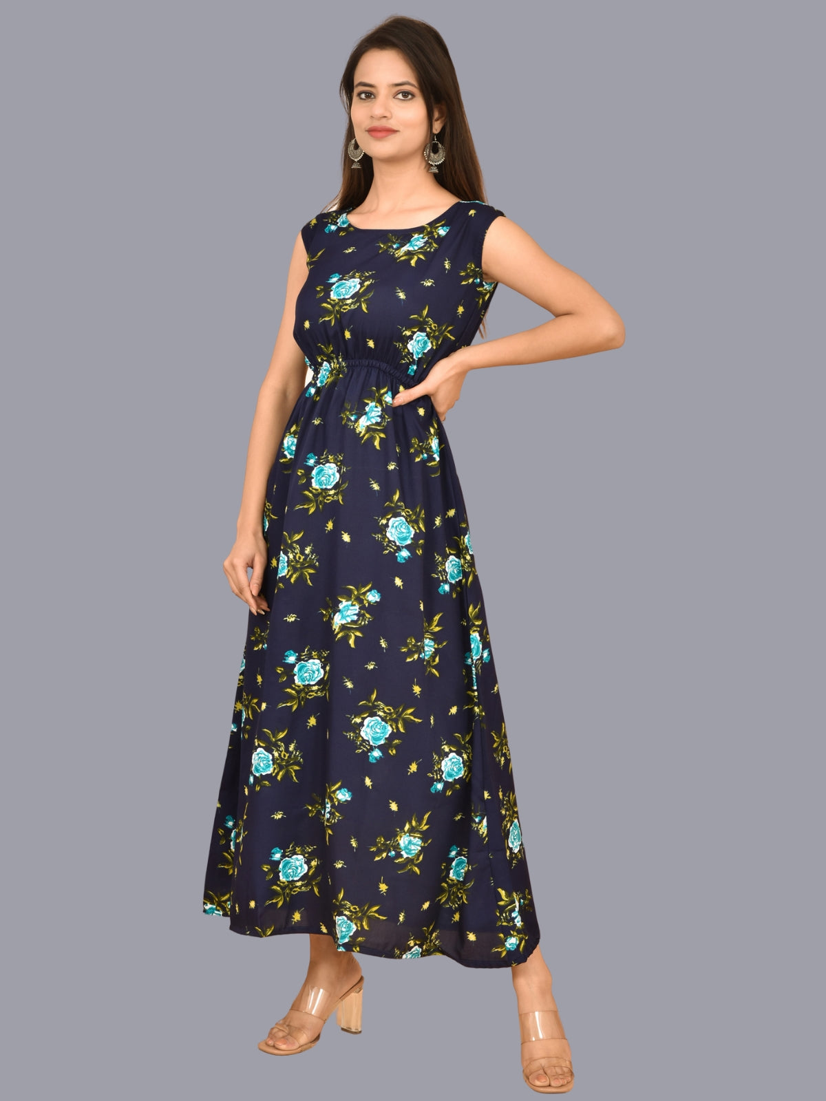 Womens Sky Blue Floral Printed Crepe Fabric Maxi Dress