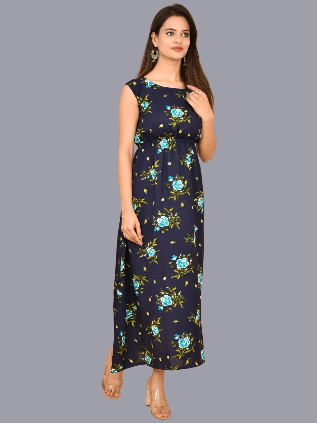 Womens Sky Blue Floral Printed Crepe Fabric Maxi Dress