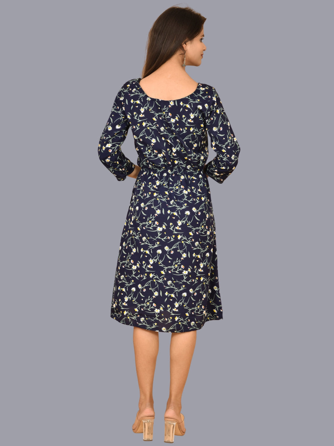 Womens Crepe Western Blue Floral Printed A Line Short Dress