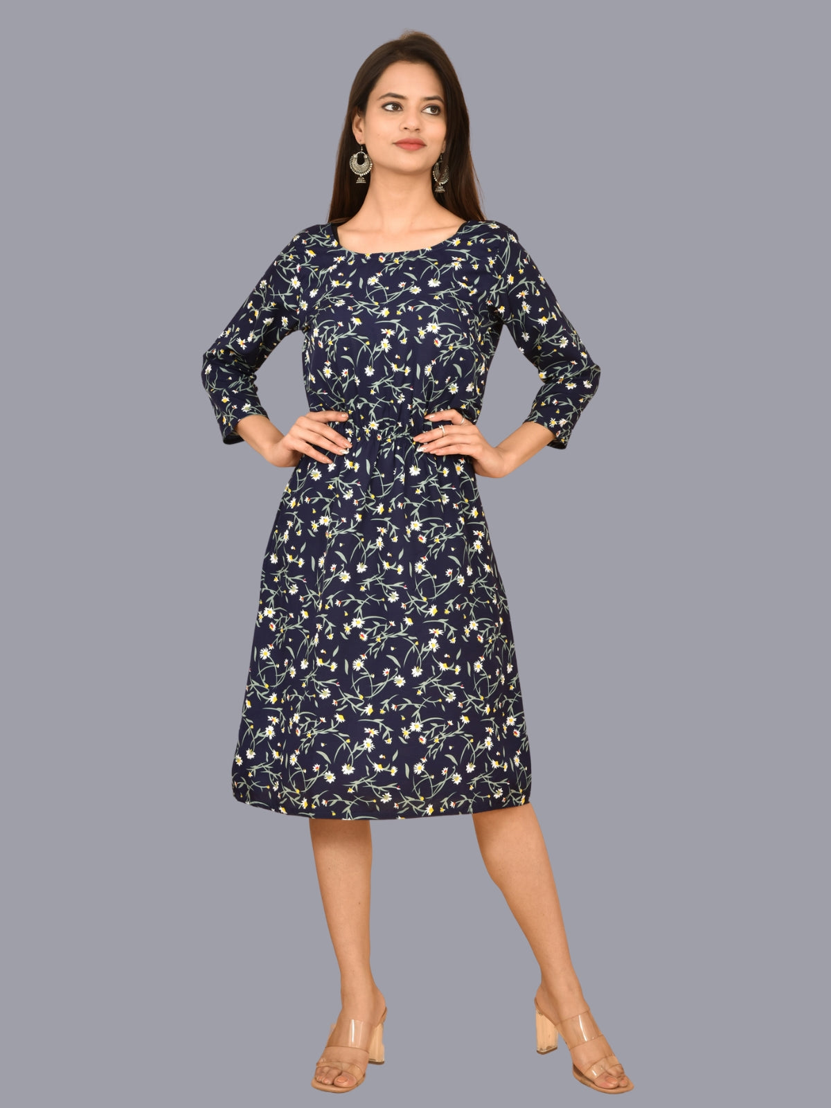 Womens Crepe Western Blue Floral Printed A Line Short Dress