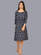 Womens Crepe Western Blue Floral Printed A Line Short Dress
