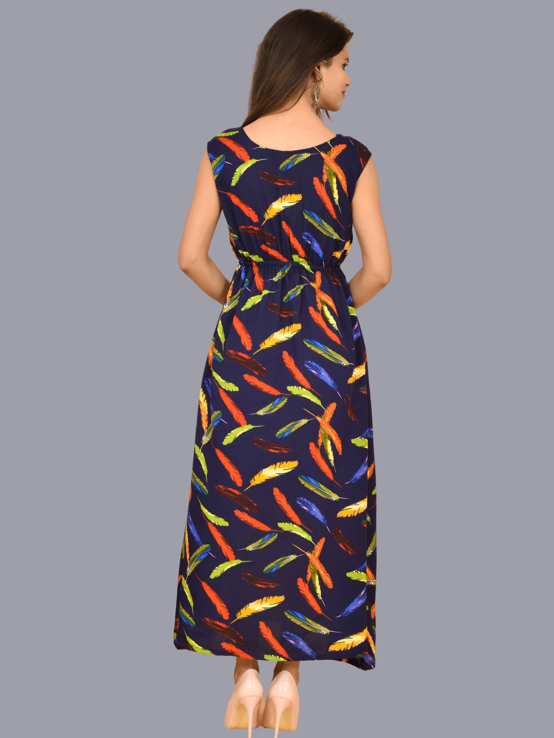 Womens Feather Design Printed Crepe Fabric Maxi Dress