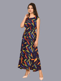 Womens Feather Design Printed Crepe Fabric Maxi Dress
