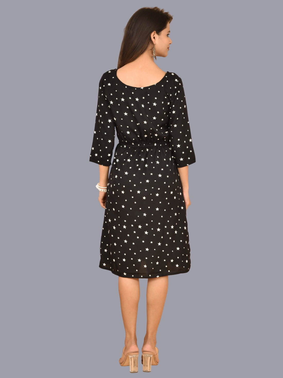 Womens Crepe Western Black Star Printed A Line Short Dress