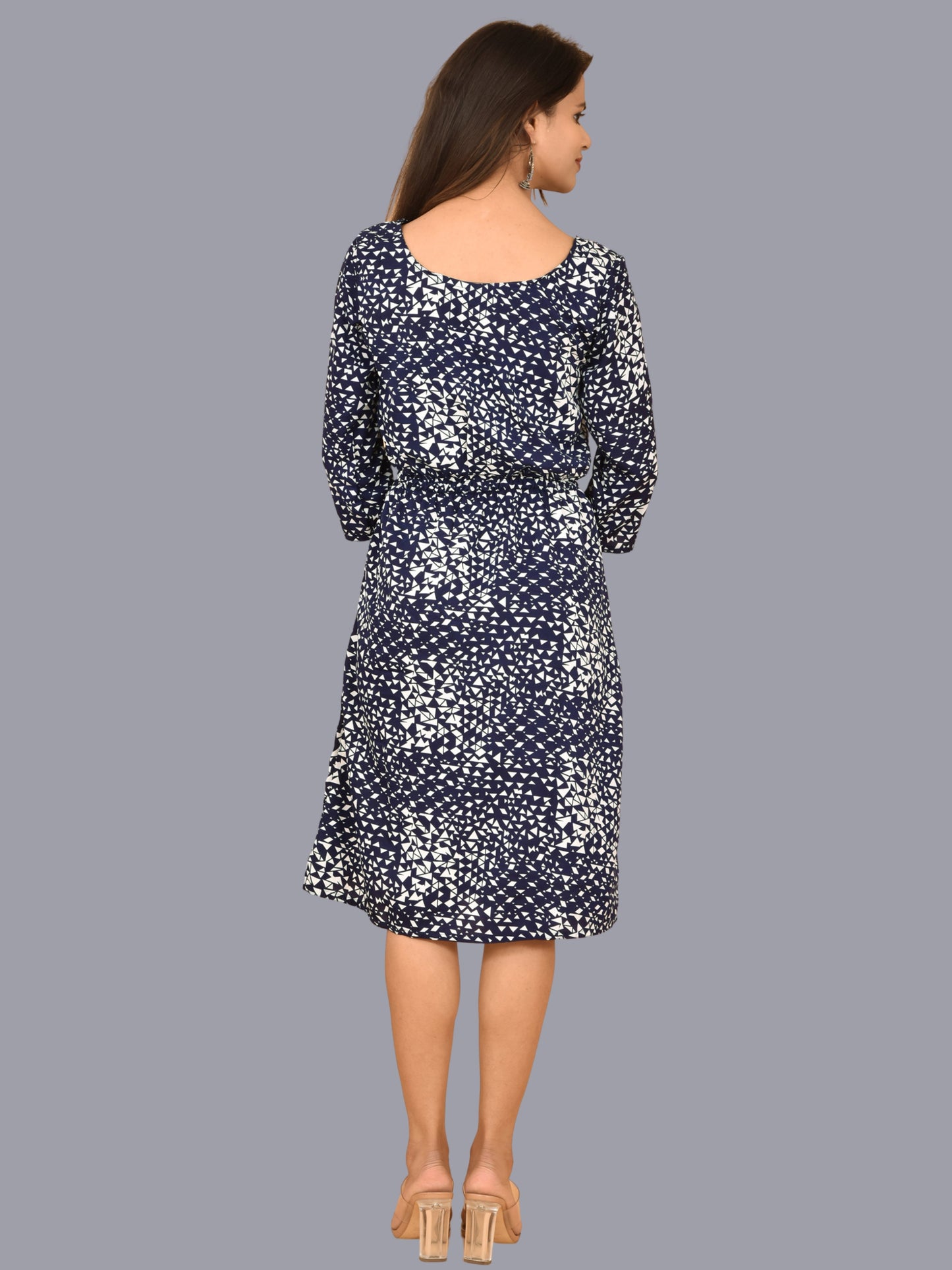 Womens Crepe Western Blue Geometric Print A Line Short Dress