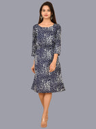 Womens Crepe Western Blue Geometric Print A Line Short Dress