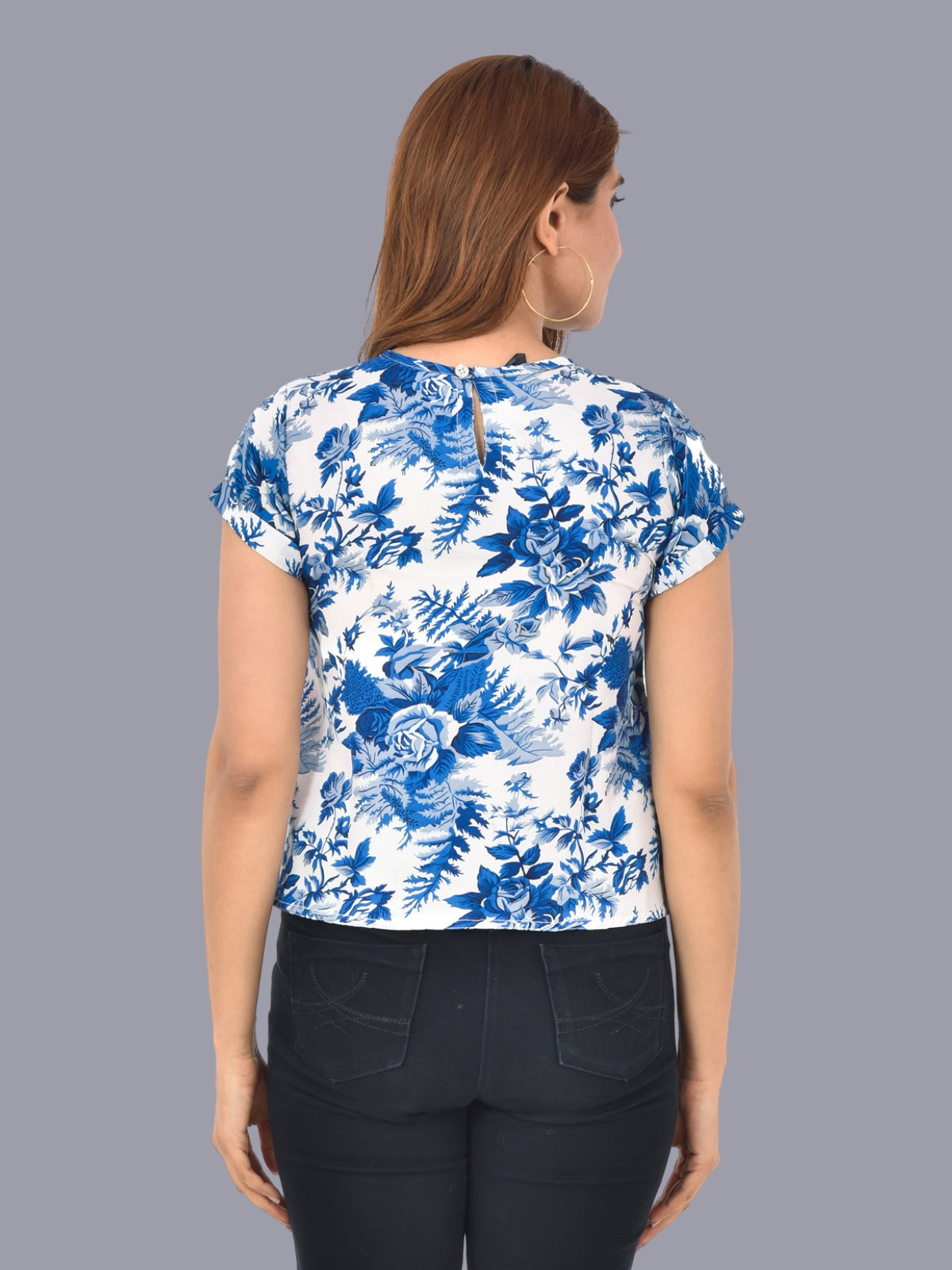 Womens Blue white Floral Printed Crepe Crop Top