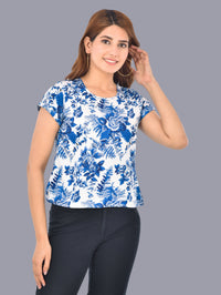 Womens Blue white Floral Printed Crepe Crop Top