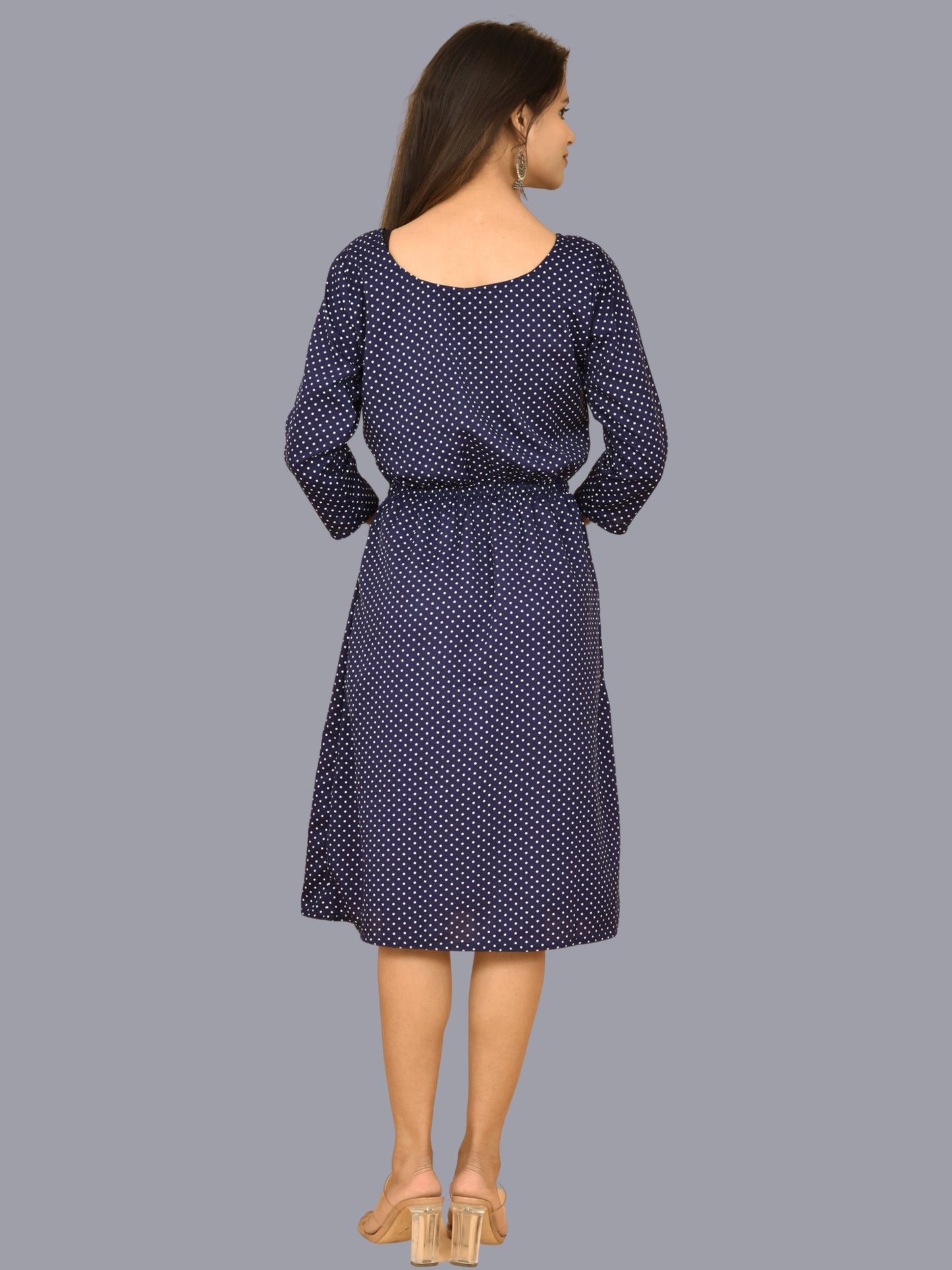 Women Crepe Western Blue Small Polka Dot Printed A Line Short Dress