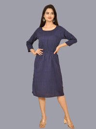 Women Crepe Western Blue Small Polka Dot Printed A Line Short Dress