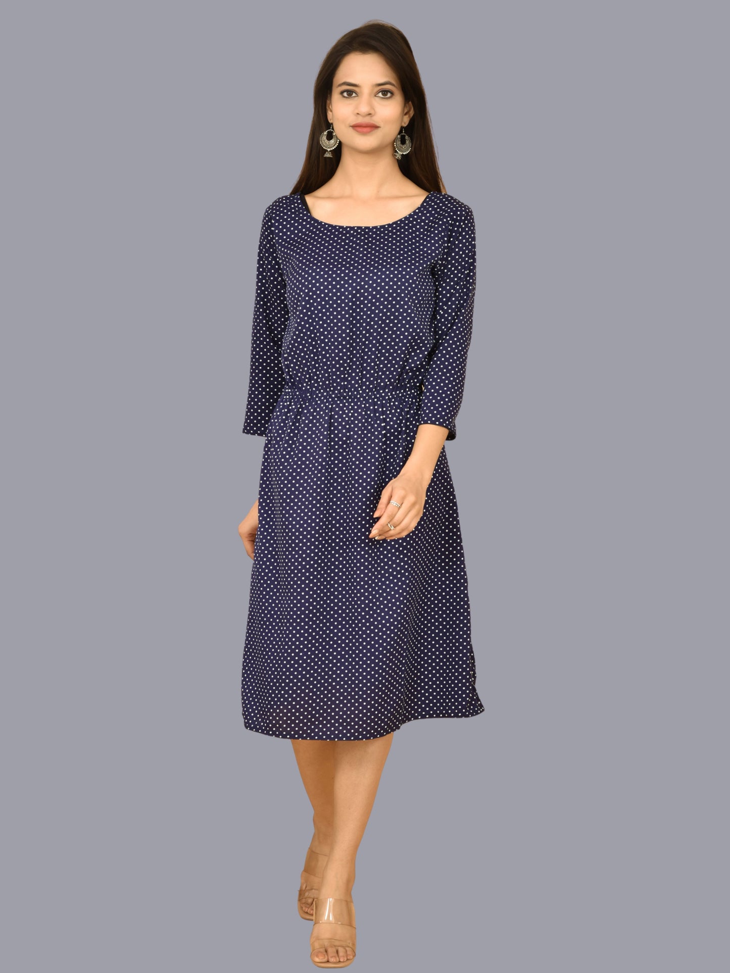 Women Crepe Western Blue Small Polka Dot Printed A Line Short Dress