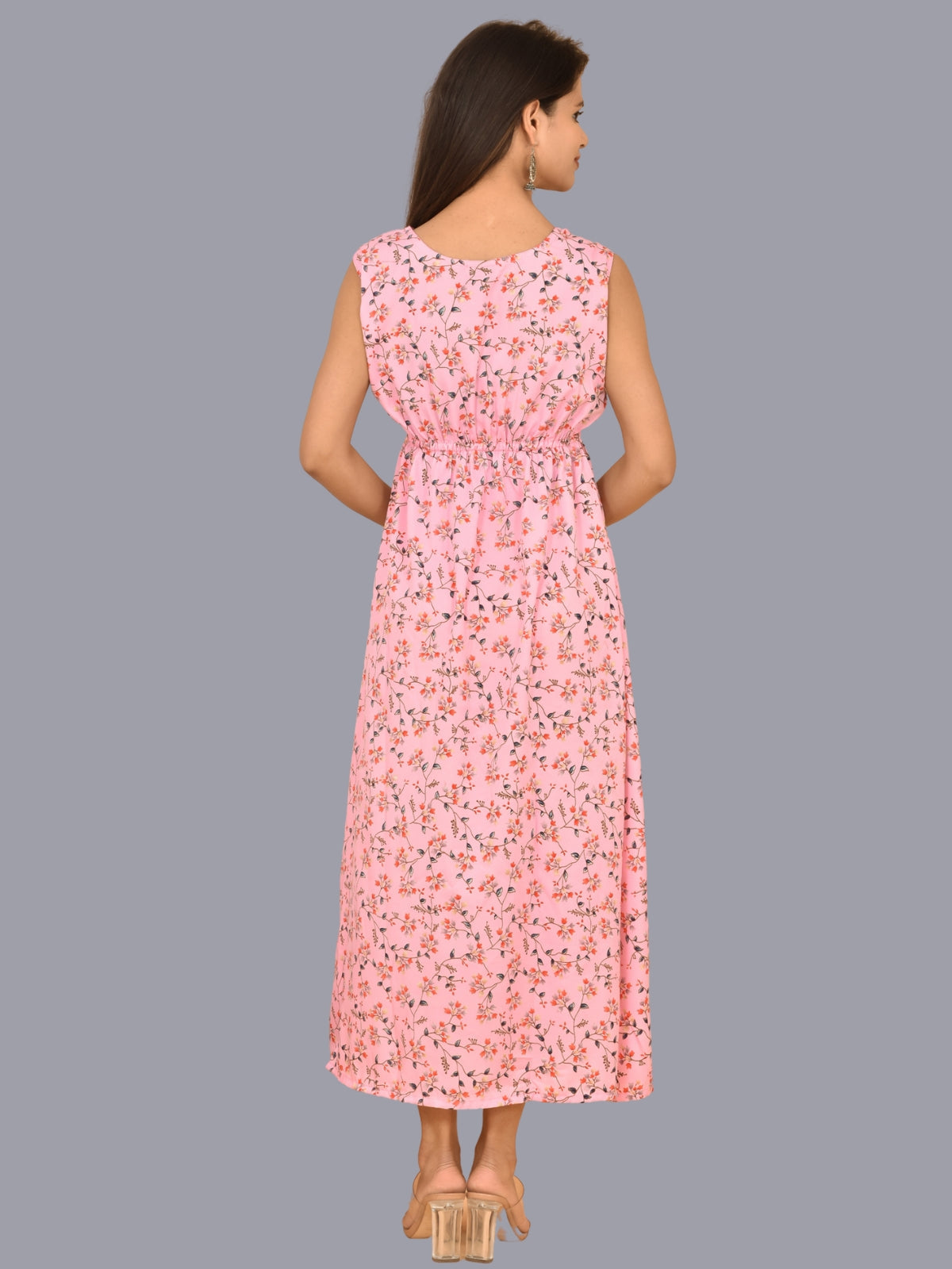 Womens Pink Floral Printed Crepe Fabric Maxi Dress