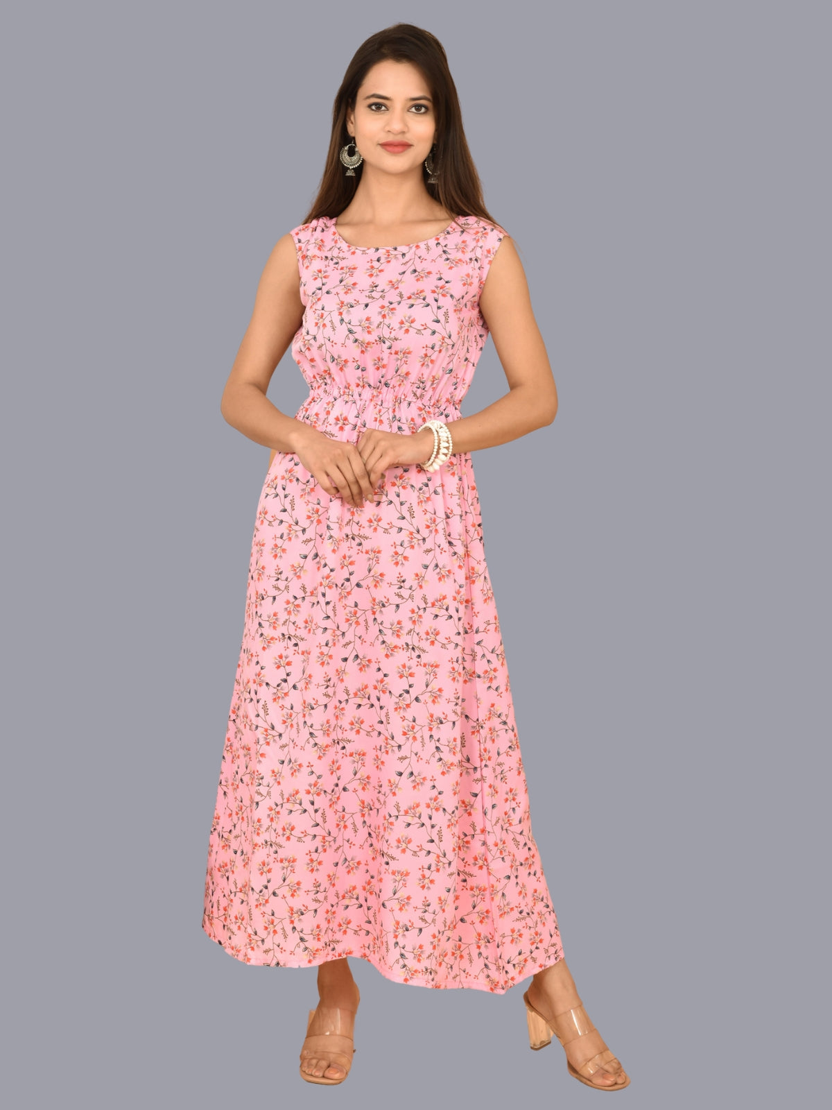 Womens Pink Floral Printed Crepe Fabric Maxi Dress