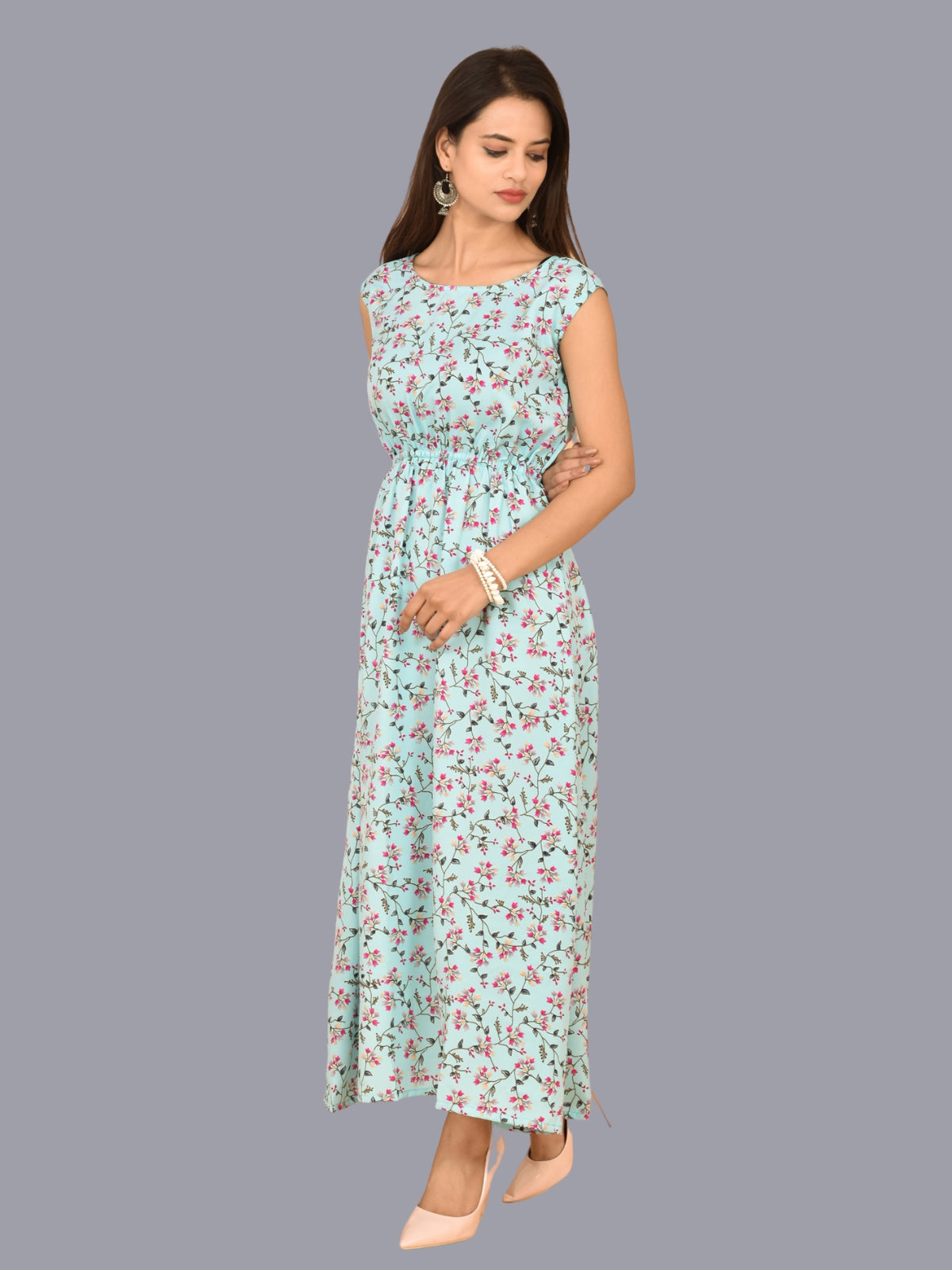 Womens Ice Blue Floral Printed Crepe Fabric Maxi Dress