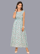 Womens Ice Blue Floral Printed Crepe Fabric Maxi Dress