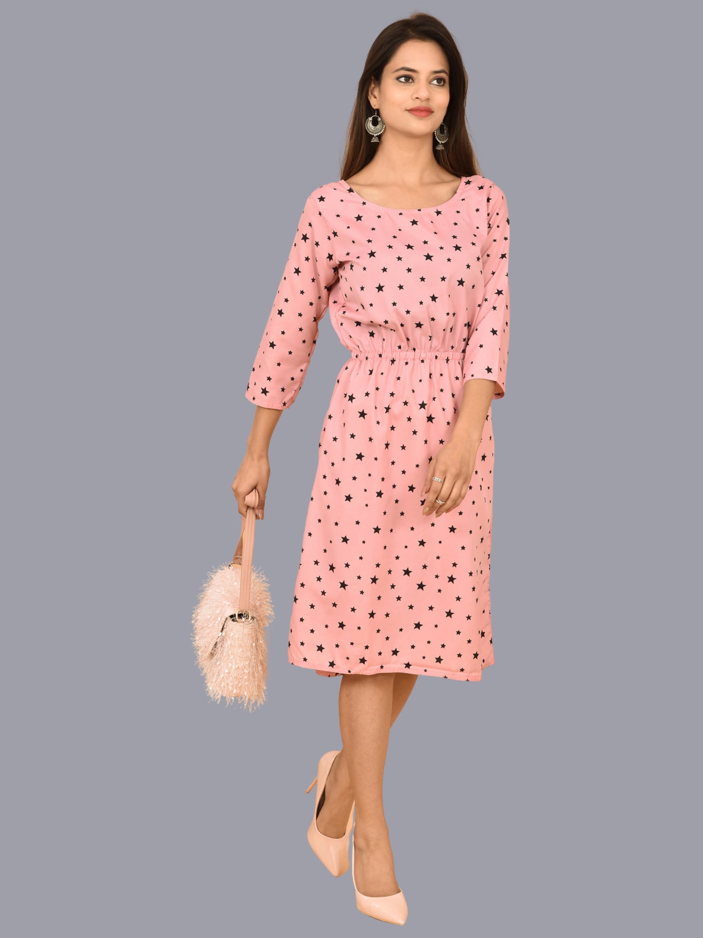 Women Crepe Western Light Pink Star Printed A Line Short Dress