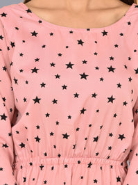 Women Crepe Western Light Pink Star Printed A Line Short Dress