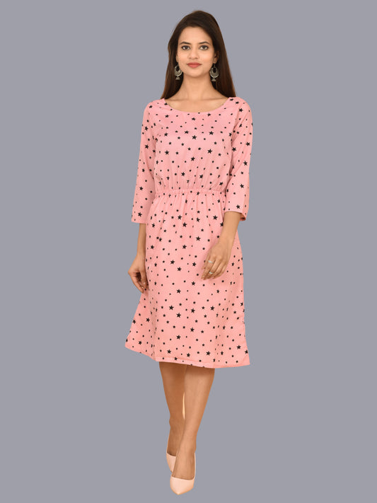 Women Crepe Western Light Pink Star Printed A Line Short Dress