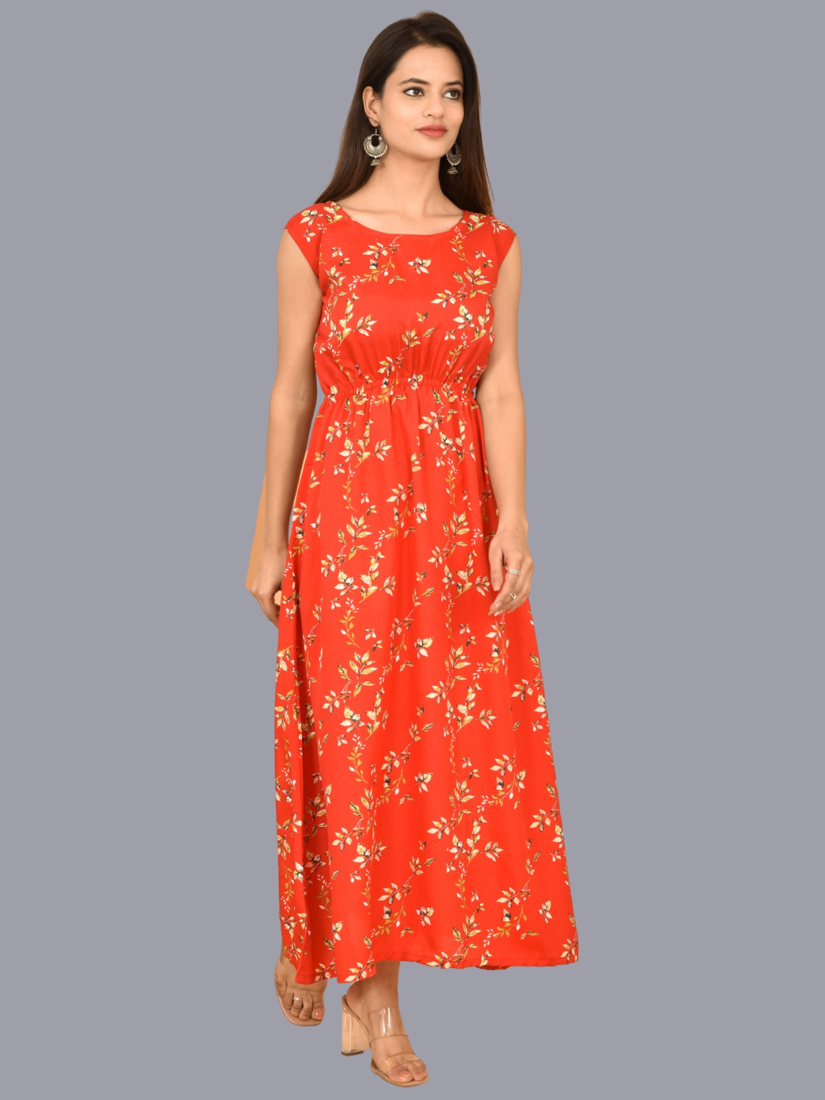 Womens Red Floral Printed Crepe Fabric Maxi Dress