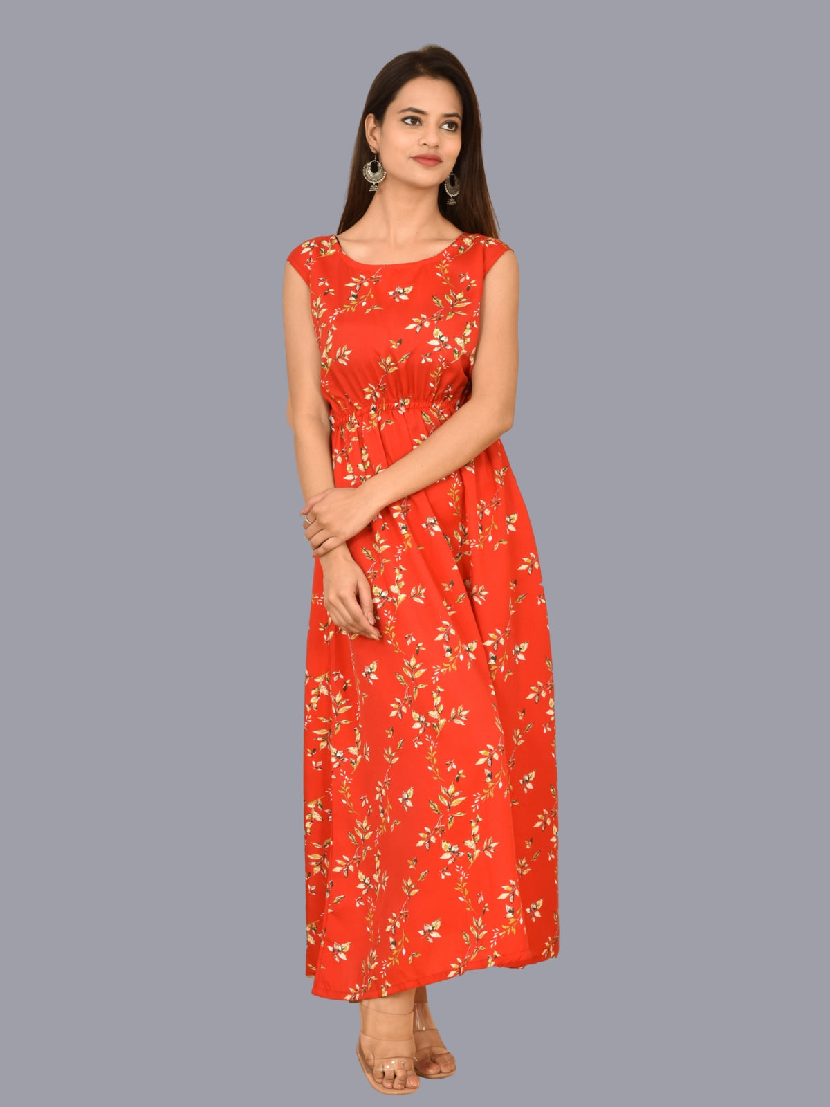 Womens Red Floral Printed Crepe Fabric Maxi Dress