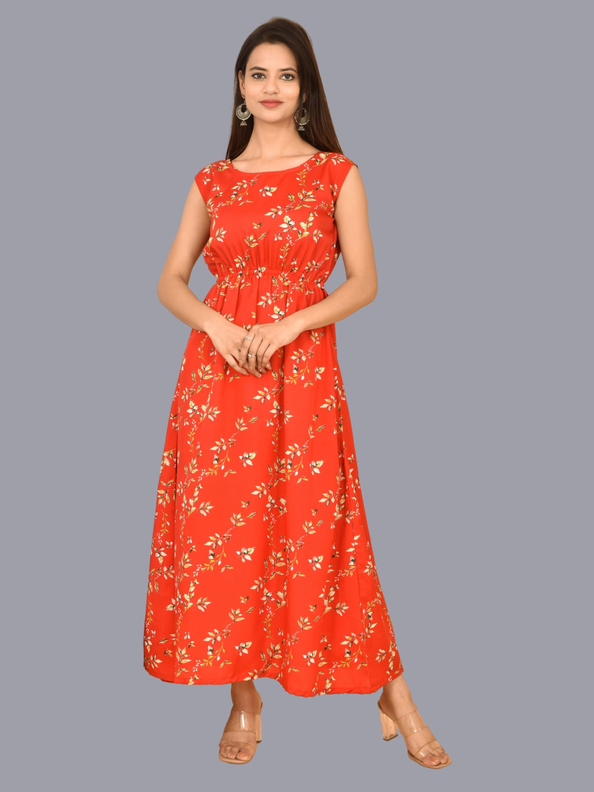 Womens Red Floral Printed Crepe Fabric Maxi Dress