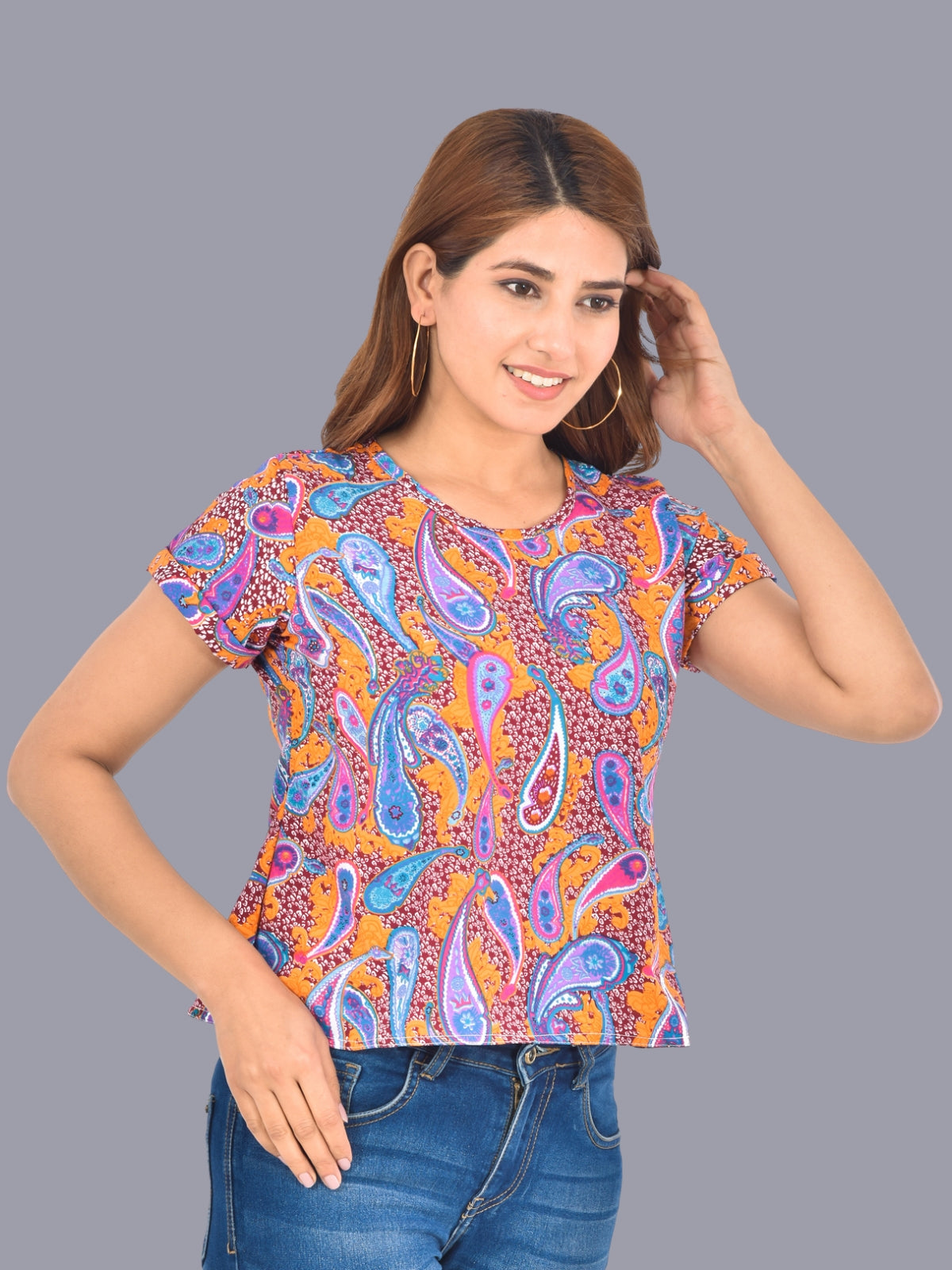 Womens Multicolor Printed Crepe Crop Top