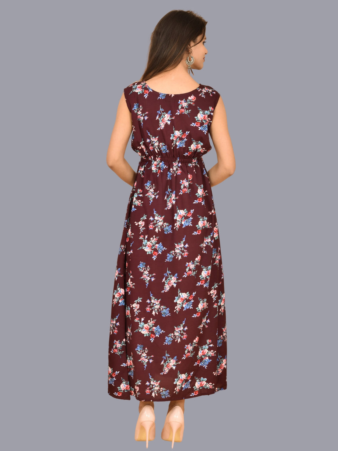 Womens Wine Floral Printed Crepe Fabric Maxi Dress