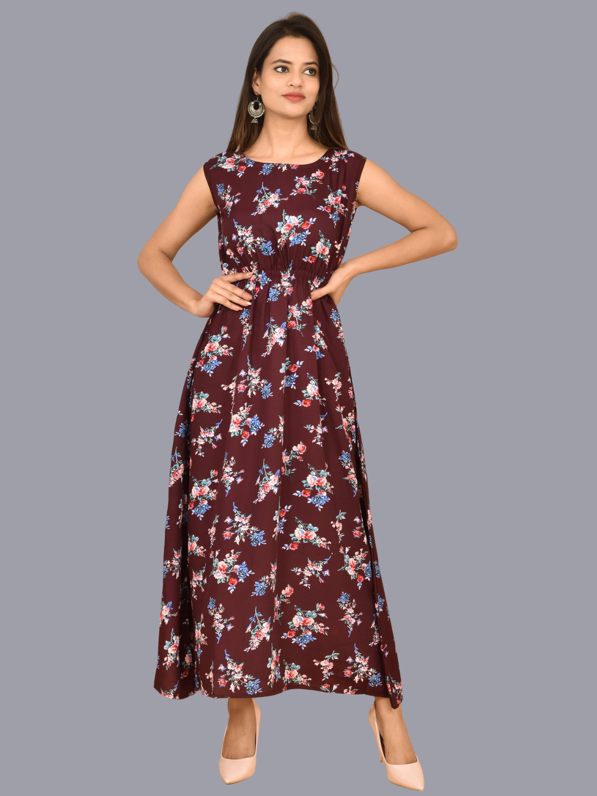 Womens Wine Floral Printed Crepe Fabric Maxi Dress