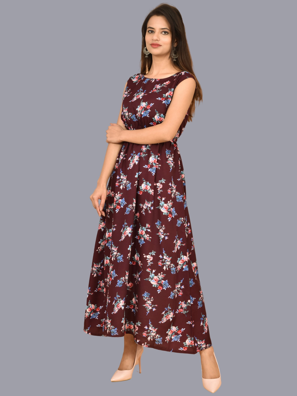 Womens Wine Floral Printed Crepe Fabric Maxi Dress