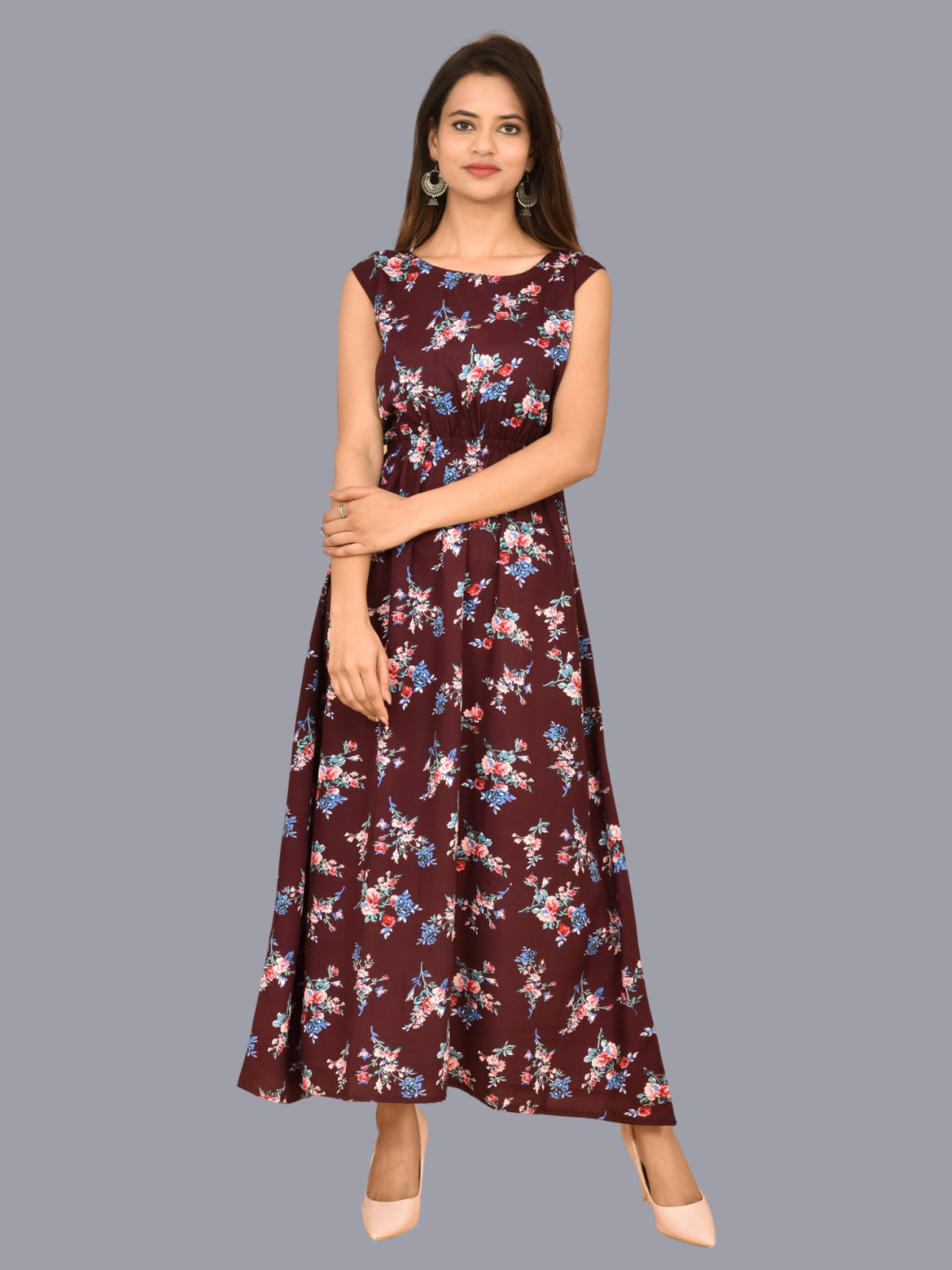 Womens Wine Floral Printed Crepe Fabric Maxi Dress