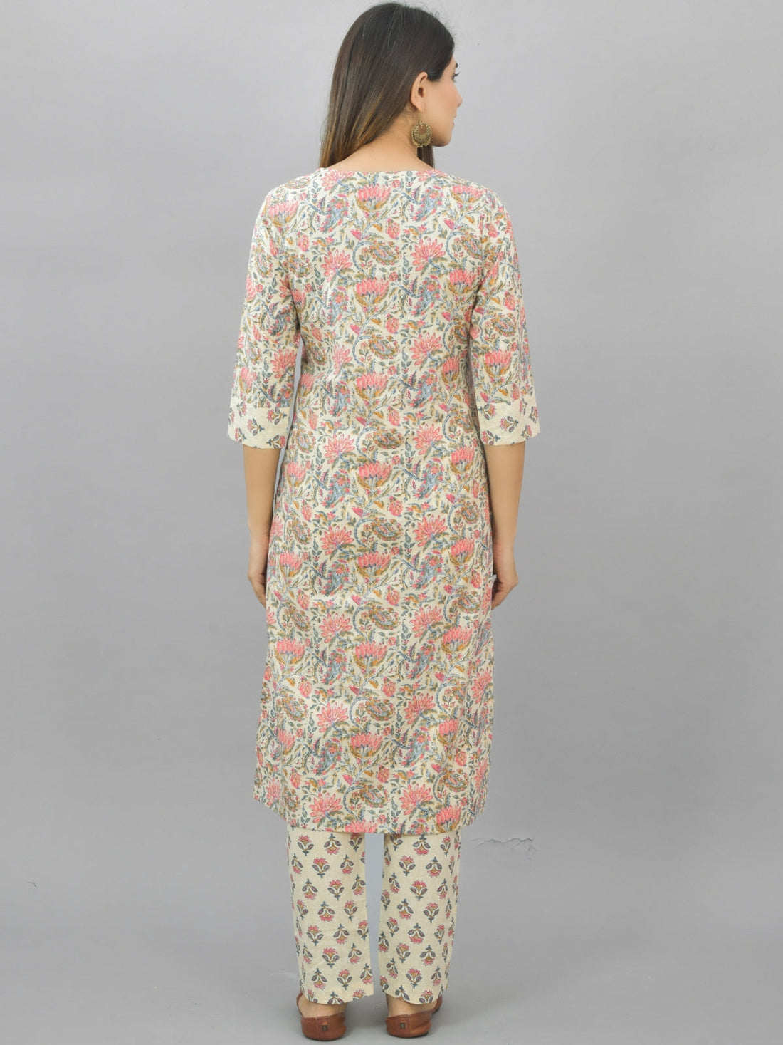 Womens Flower Printed Cream Kurti, Dupatta And Pant Set