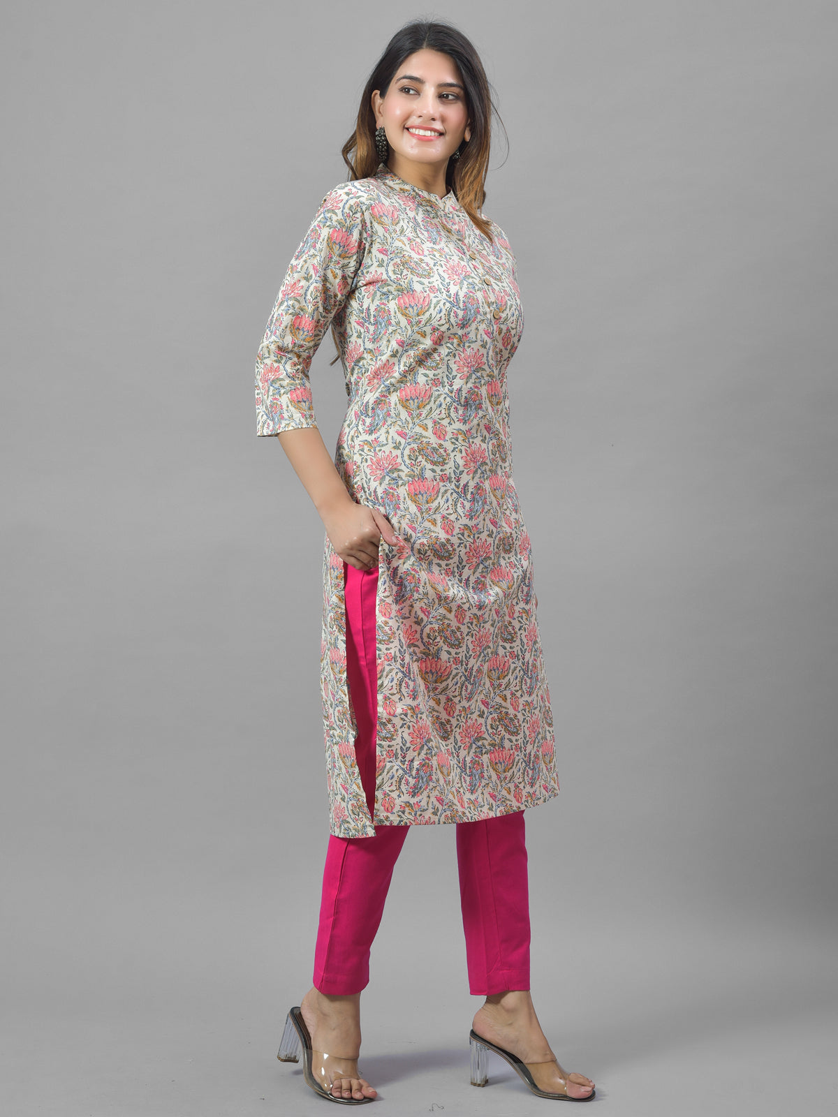 Women Cream Cambric Cotton Floral Printed Kurti