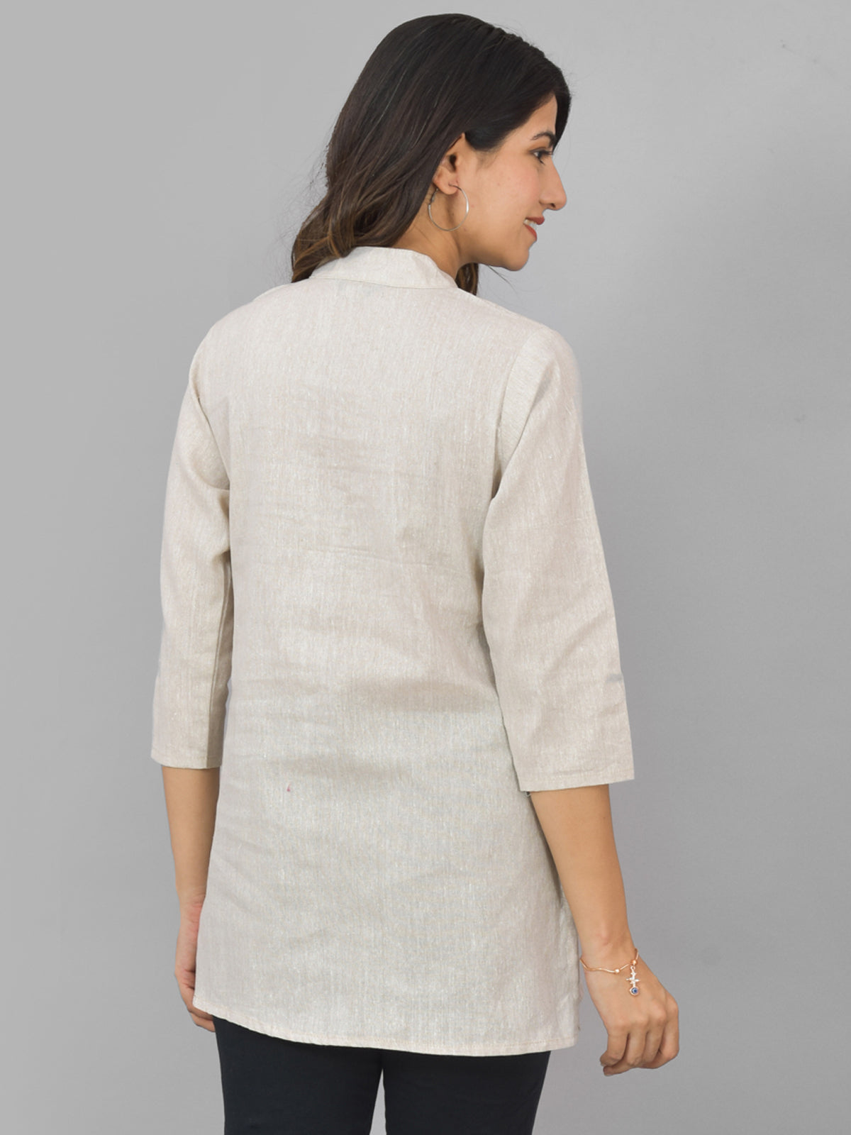 Pack Of 2 Womens Cream And Yellow Woven Design Handloom Cotton Frontslit Short Kurtis