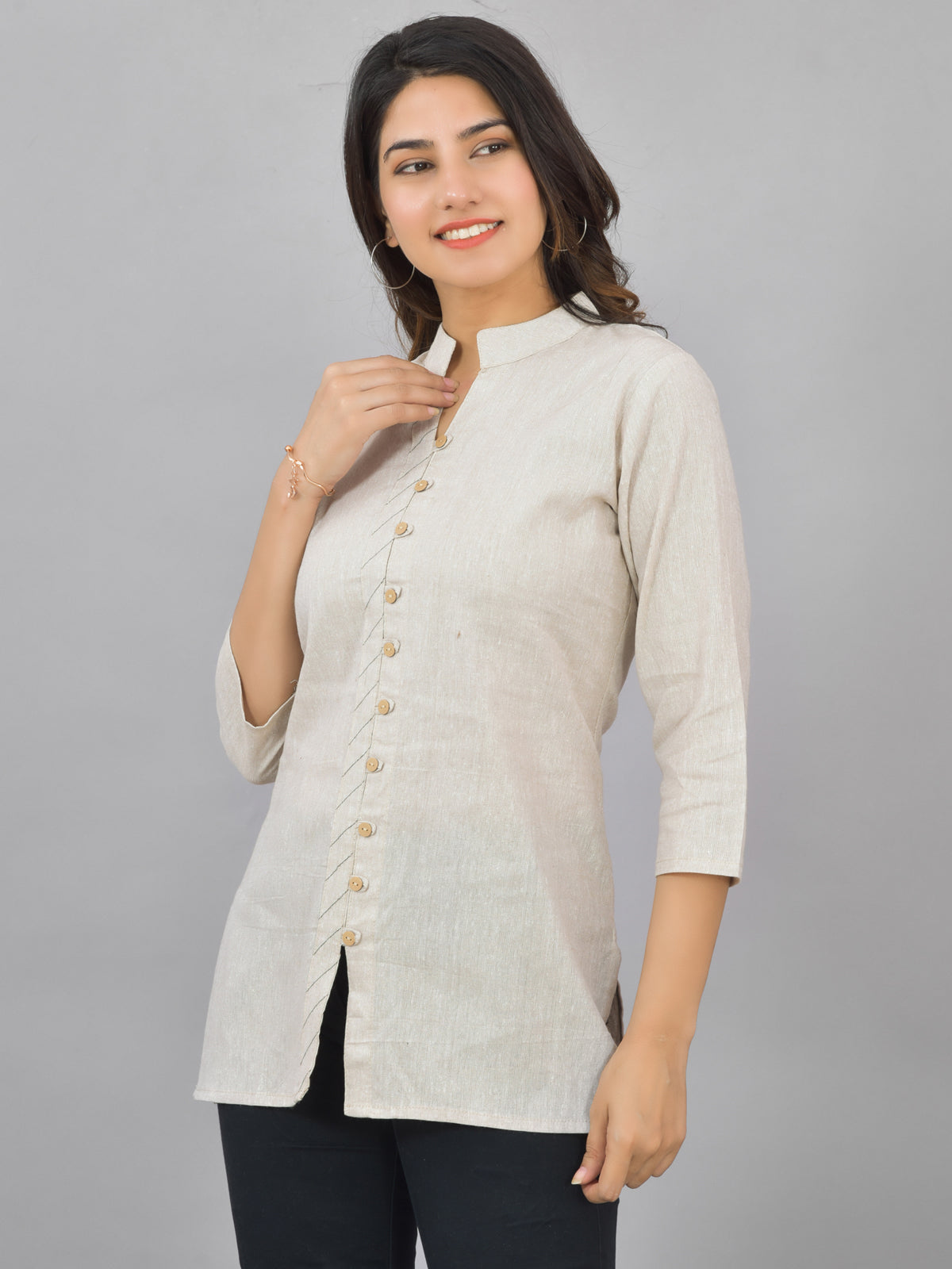 Womens Cream Woven Design Handloom Cotton Frontslit Short Kurti