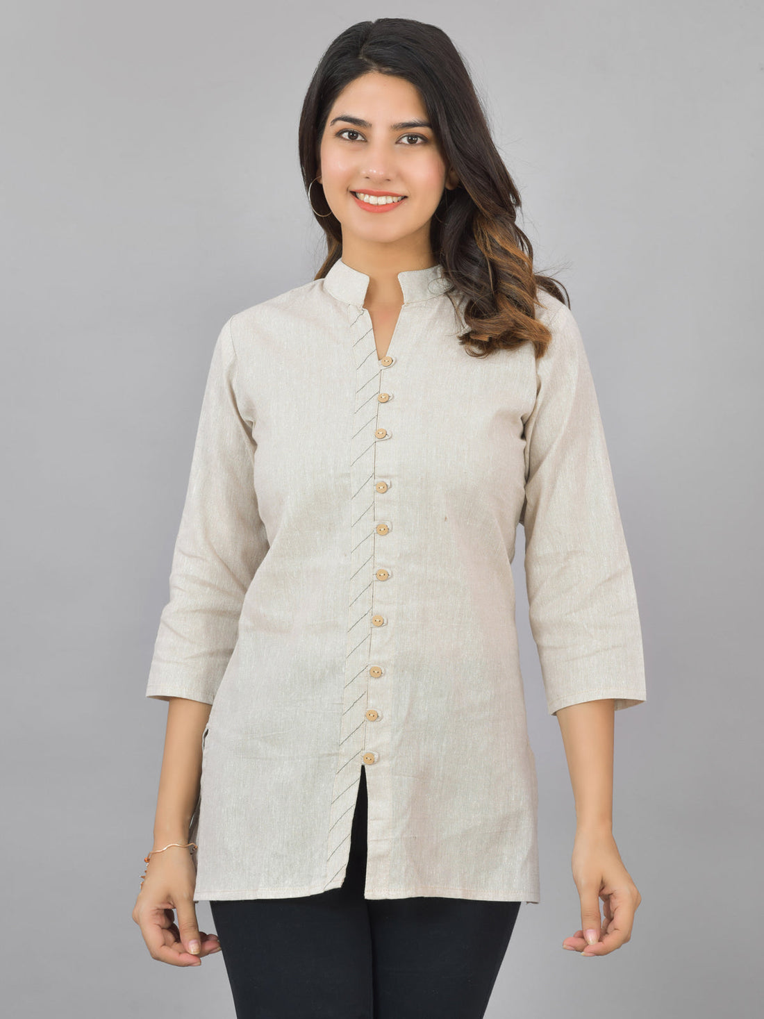 Pack Of 2 Womens Cream And Green Woven Design Handloom Cotton Frontslit Short Kurtis