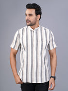Mens Regular Fit Cream Striped Half Sleeve Short Cotton Kurta