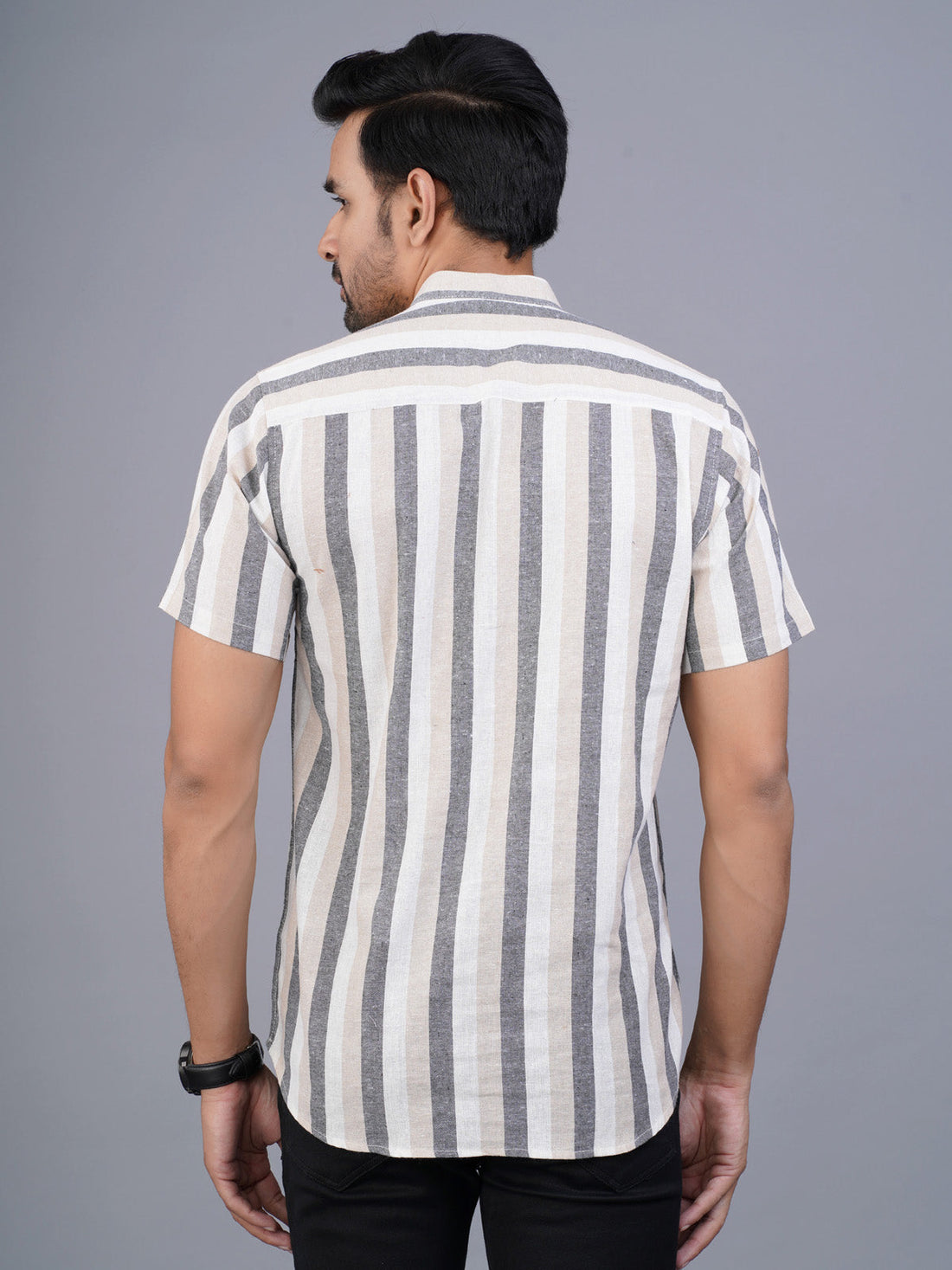 Mens Regular Fit Cream Striped Half Sleeve Short Cotton Kurta
