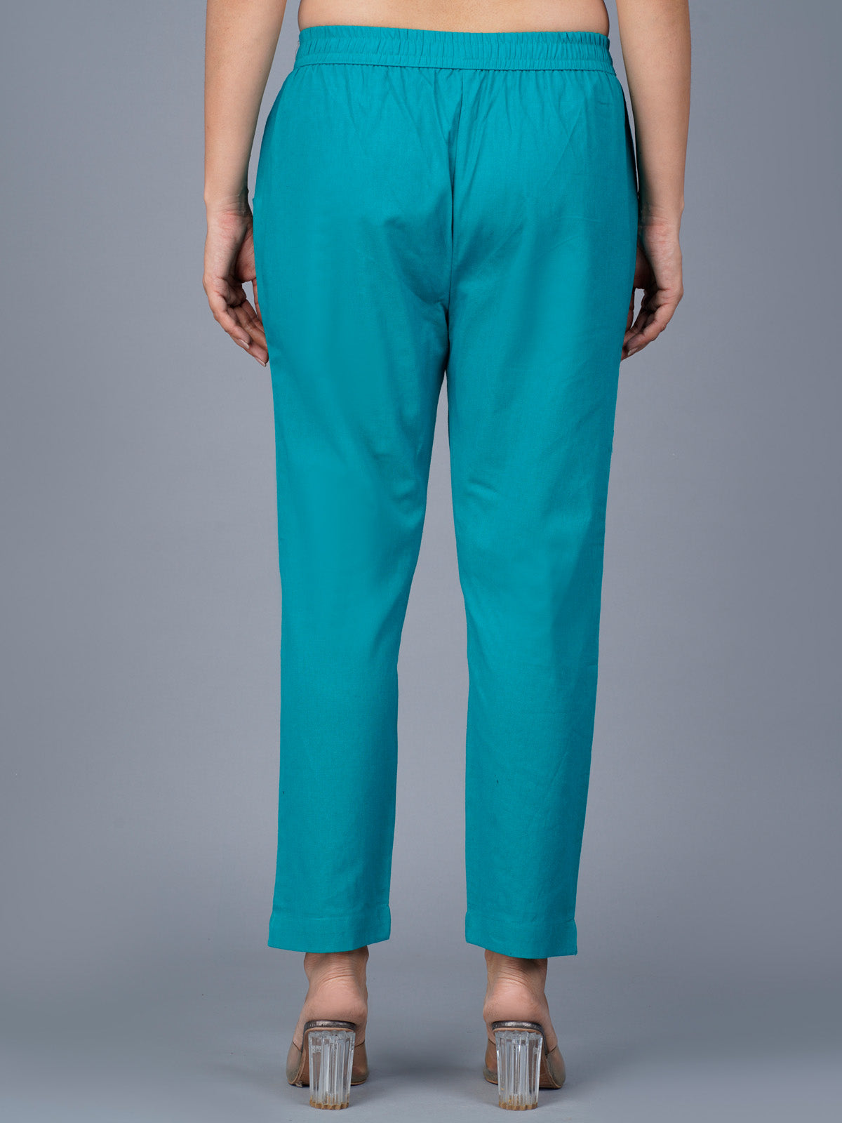 Pack Of 2 Womens Regular Fit Cyan And Dark Green Fully Elastic Waistband Cotton Trouser