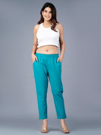 Pack Of 2 Womens Regular Fit Cyan And Navy Blue Fully Elastic Waistband Cotton Trouser