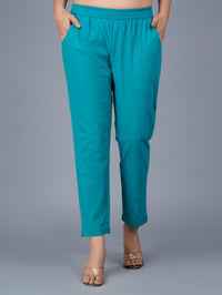 Women's Cyan Regular Fit Elastic Cotton Trouser