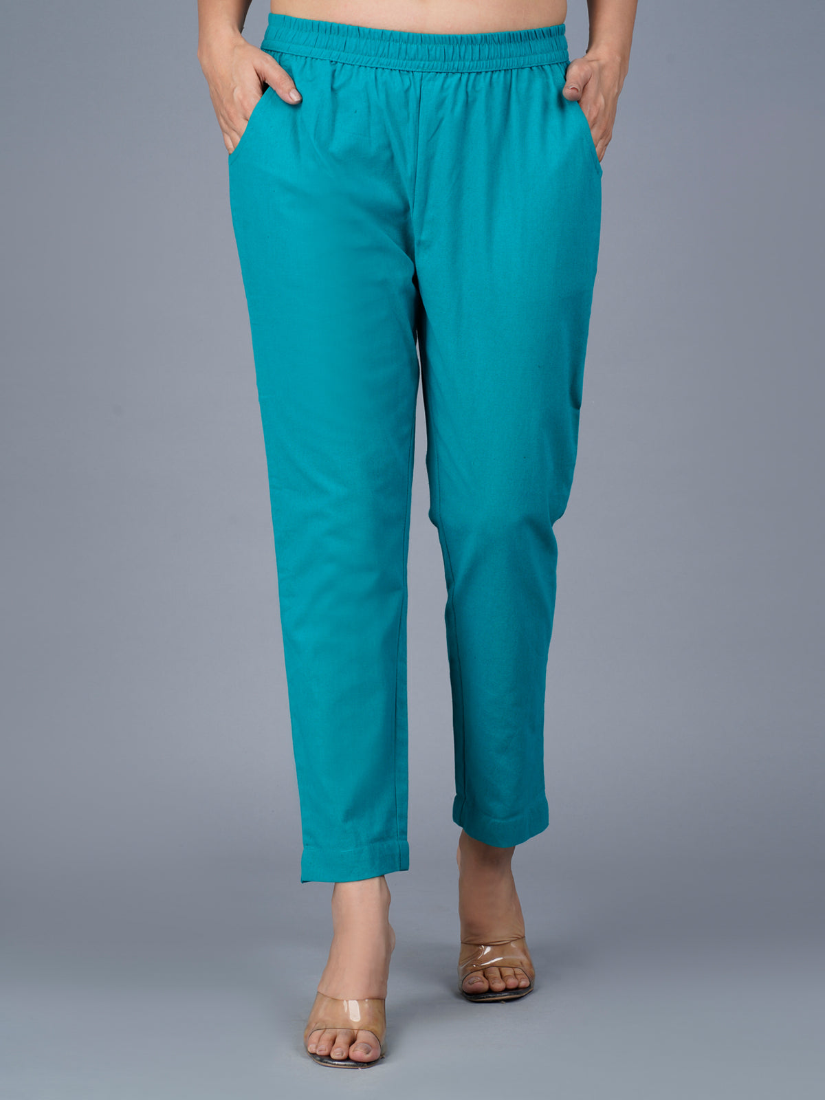 Pack Of 2 Womens Regular Fit Cyan And Dark Green Fully Elastic Waistband Cotton Trouser