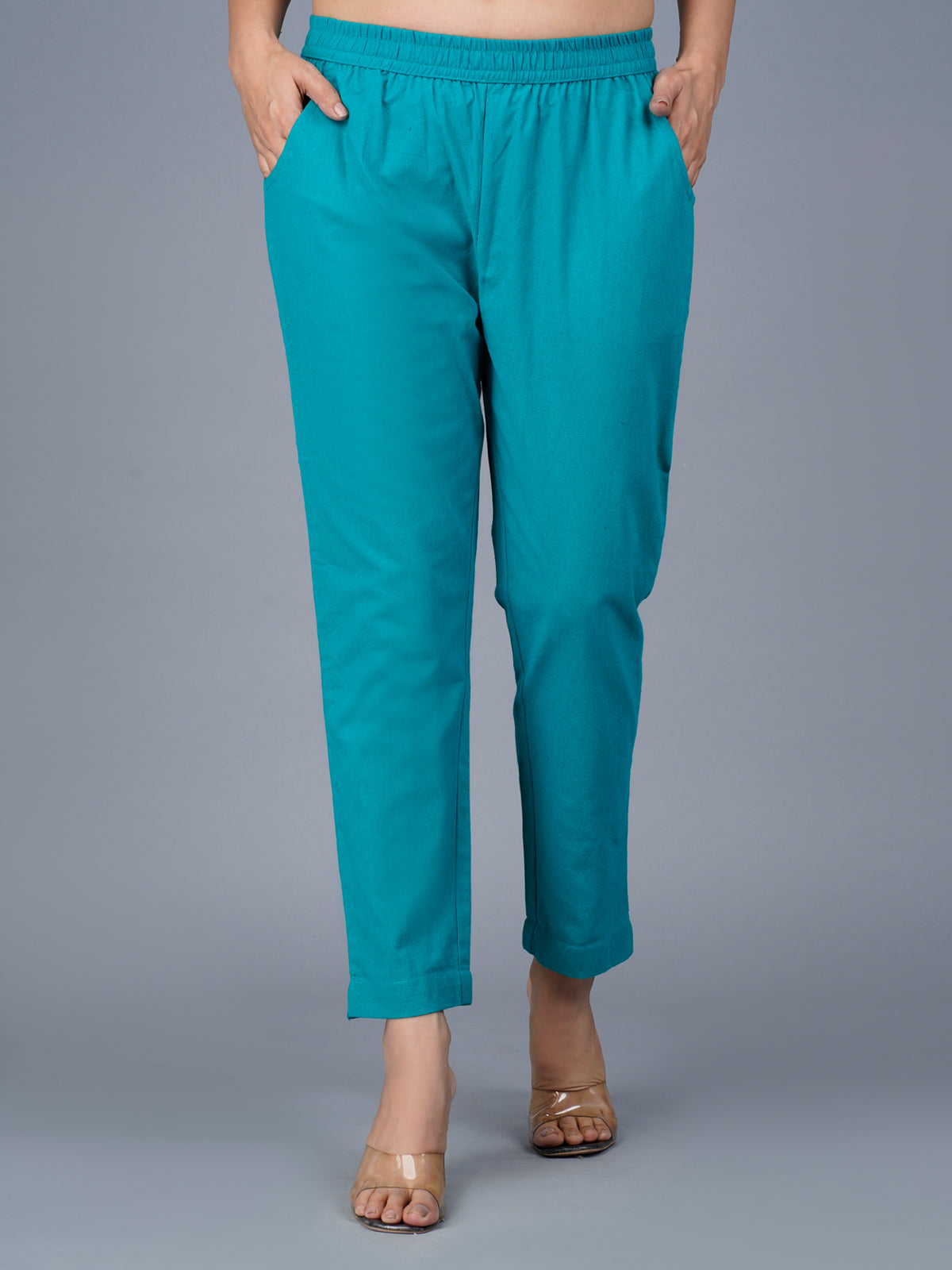 Pack Of 2 Womens Regular Fit Cyan And Rani Fully Elastic Waistband Cotton Trouser