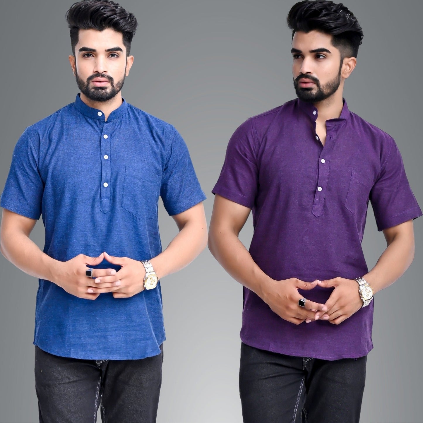 Mens Regular Fit Dark Blue and Dark Purple Half Sleeve Cotton Short Kurta Combo