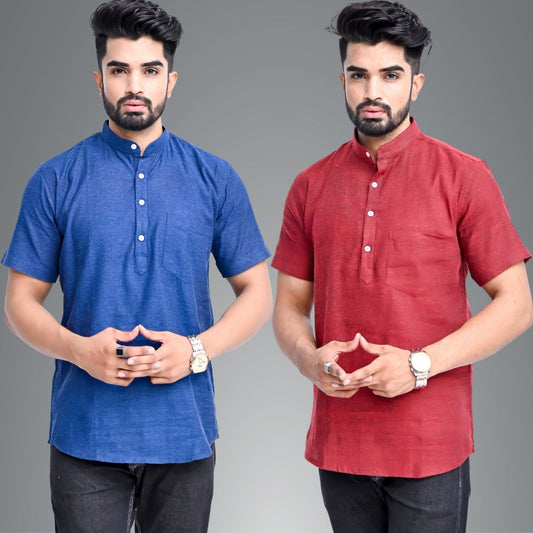 Mens Regular Fit Dark Blue and Maroon Half Sleeve Cotton Short Kurta Combo