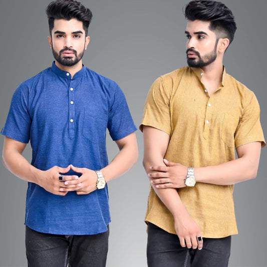 Mens Regular Fit Dark Blue and Mustard Half Sleeve Cotton Short Kurta Combo