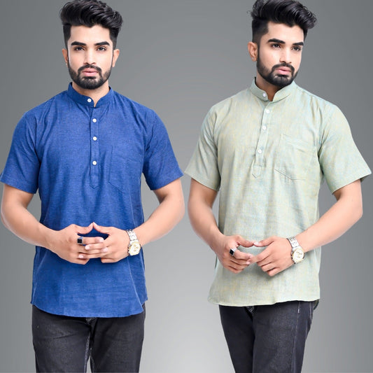 Mens Regular Fit Dark Blue and Ocian Blue Half Sleeve Cotton Short Kurta Combo