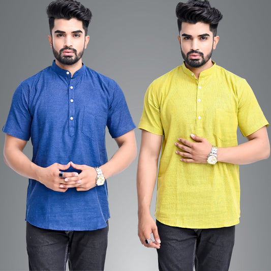 Mens Regular Fit Dark Blue and Parrot Green Half Sleeve Cotton Short Kurta Combo