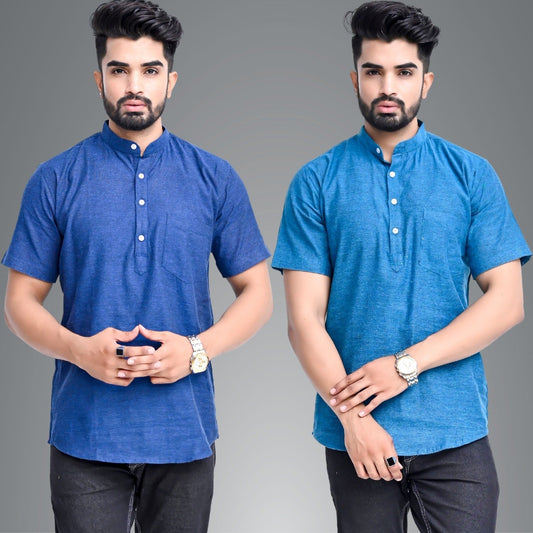 Mens Regular Fit Dark Blue and Teal Blue Half Sleeve Cotton Short Kurta Combo