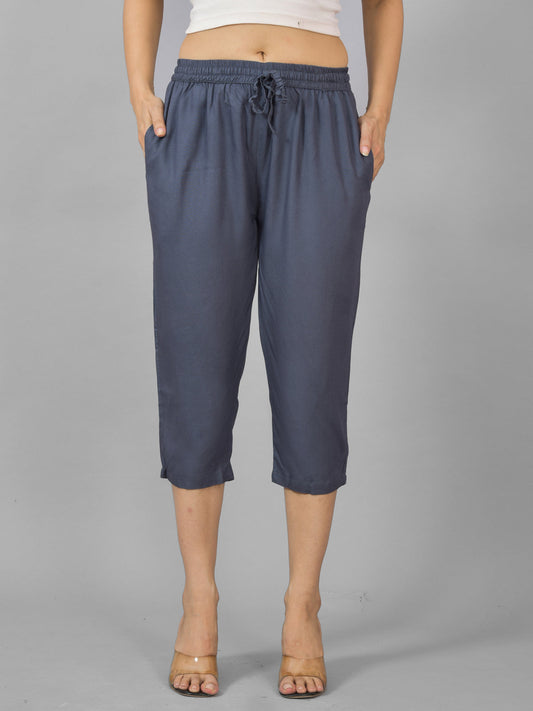 Women Solid Dark Grey Rayon Calf Length Culottes Trouser